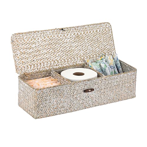 Sumnacon Extended Seagrass Storage Basket with Lid 3-Section Wicker Storage Basket,Small Woven Shelf Basket for Toiletries Tampon Storage,Seagrass Basket for Shelf Bathroom Toilet Counter,Whitewash - color: Whitewash, size: Large