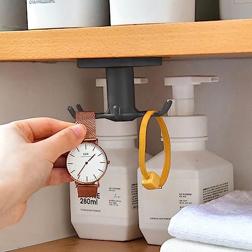 2pcs 360 °Rotation Utility Hooks,Under Cabinet Kitchen Hooks,Storage Shelf rv Must Haves,Nail Free Adhesive Kitchen Utensils Hanging Hooks for Kitchen Utensils/Tools/Towel/Knife(Black)