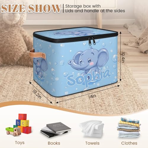Custom Storage Basket with Name, Personalized Storage Bins with Zipper Lid, Foldable Fabric Storage Box Large capacity with Handle Bubble Elephant - color: Option 18