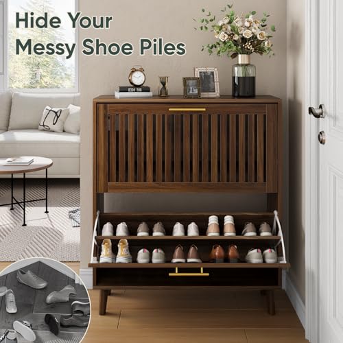 Smart FENDEE 31.5" W Shoe Cabinet Storage for Entryway with 2 Flip Drawers, Shoe Cabinet with Slatted Panel, Hidden Shoe Rack Freestanding Slim Shoes Organizer for Hallway, Entrance, Walnut - color: Walnut, size: 31.5" W