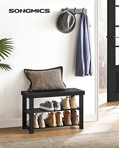 SONGMICS Shoe Rack Bench, 3-Tier Bamboo Shoe Storage Organizer, Entryway Bench, Holds Up to 286 lb, 11.3 x 27.6 x 17.8 Inches, for Entryway Bathroom Bedroom, Ink Black ULBS04H - color: Ink Black, size: 27.6"W
