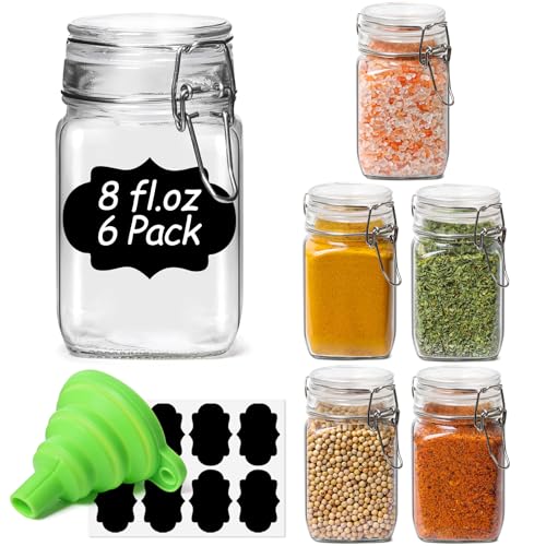ComSaf Set of 6 Square Glass Jars with Airtight Lids (8 Oz), Pantry Canisters for Spices, Jams, & Herbs, Wire Clamp Jar for Overnight Oats, Pickling, Favors, Includes Labels & Funnel - size: 8oz*6
