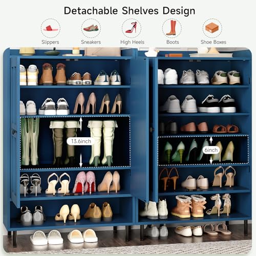 ONBRILL Shoe Cabinet with Cross Molding Doors, 6-Tier Shoe Storage Cabinet with 3 Adjustable Shelves and Metal Legs, 45'' Tall Shoes Rack Organizer Cabinet for Entryway, Front Door, Blue - color: Blue