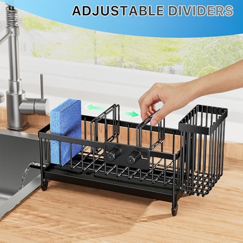 Cisily Sponge Holder for Kitchen Sink, Sink Caddy Organizer with High Brush Holder, Kitchen Countertop Organizers and Storage Essentials, Rustproof 304 Stainless Steel (Black with Smiley Face, 9.25″) - color: Black With Smiley Face