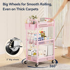 YASONIC 3 Tier Rolling Cart – Metal Utility Storage Cart with Wheels, Craft Cart Organizer with Hanging Cups, Hooks, Mesh Basket for Bedside Kitchen Office Art, Pink - color: Pink