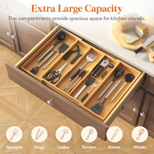 Lifewit Utensil Organizer for Kitchen Drawer, Expandable Cooking Utensil Tray, Cutlery Silverware Flatware Holder, Wood Adjustable Spatula Tools Storage Divider, 15.6-28 x 18.5, Natural - color: Natural, size: 15.6~28''W x 18.5'' D