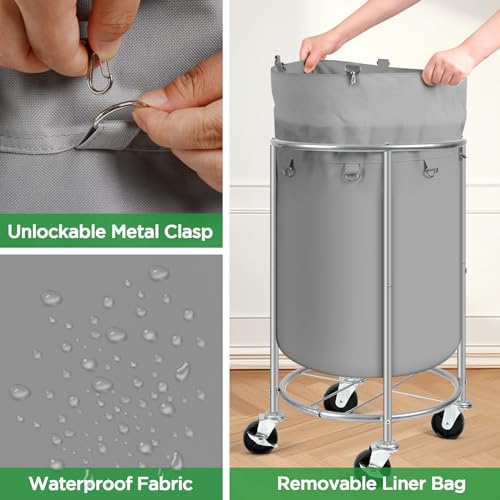 Laundry Hamper with Wheels, 100L Round Rolling Laundry Basket Sorter with Removable Bag, Clothes Cart Organizer with Steel Frame for Bedroom, Bathroom, Laundry Room, Grey - color: Grey