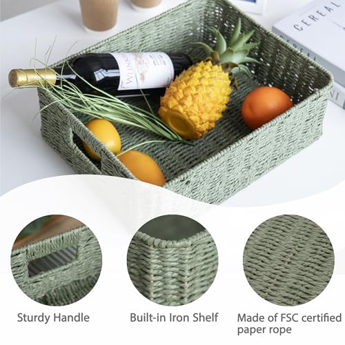 Drawer basket Handwoven Paper Rope Rectangular Shallow Basket Storage-15.35X12.01X4.72 Inches (Green) - color: Green