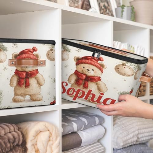 Custom Storage Basket with Name, Personalized Storage Bins with Zipper Lid, Foldable Fabric Storage Box Large capacity with Handle Bear Red Hat Scarf - color: Option 16