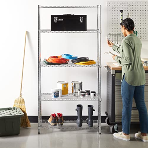 Amazon Basics 5-Shelf Adjustable Heavy Duty Steel Wire Rack, Space Saving Storage Shelving Organizer for Kitchen, Garage, No-Tool Assembly, 350 lbs Weight Capacity, 36" x 14" x 72", Chrome