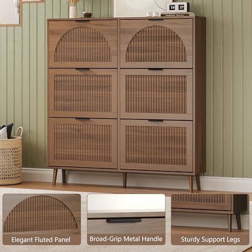 BORNOON Shoe Cabinet for Entryway with 6 Flip Drawers, Slim Wooden Shoe Storage Organizer with Modern Fluted Pannel，Freestanding Narrow Hidden Shoe Rack for Hallway, Foyer, Living Room - color: Walnut, size: 6 Flip Drawers