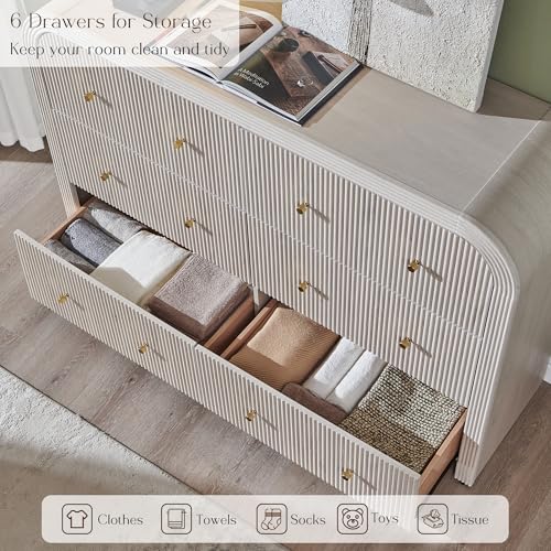 T4TREAM Fluted 6 Drawers Dresser for Bedroom, 54" Wide Modern Chest of Drawers with Thickened Curved Profile Design, Wood Dressers TV Stand for Bedroom, Living Room, Hallway, Alder White - color: Alder White, size: 15.75"D x 54"W x 36"H(6 Drawers)