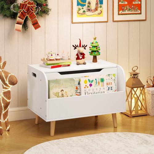 Costzon Kids Wooden Toy Box w/Front Bookshelf, Toy Storage Organizer w/ 4 Solid Wood Legs, Flip-top Lid, Safety Hinge & Cut-Out Handle, Toy Chest for Kids Room, Playroom, Nursery & Classroom - color: White, style: With legs