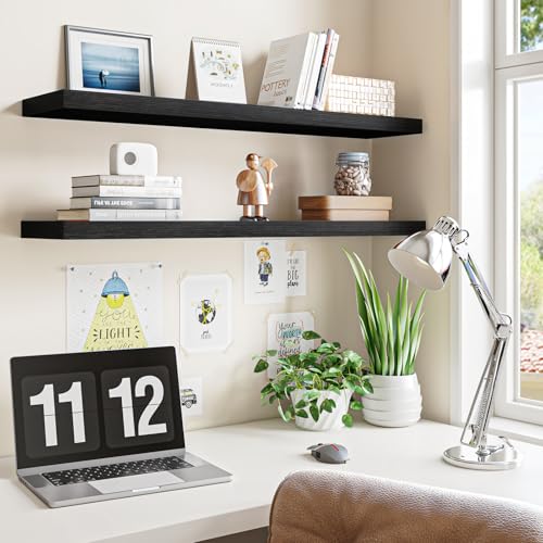 Fixwal Floating Shelves for Wall, 35" Long Heavy Duty Wall Mounted Rustic Wood Shelves for Living Room, Bedroom, Bathroom and Kitchen, Wall Shelves for Storage, Books, Room Decor (Black, Set of 2) - color: Black, size: 35in