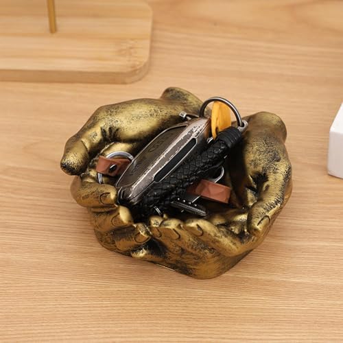Sculpture Key Tray – hands bowl, carved dish | double hands shaped organizer tray, artistic entryway decor for keys, coinz, and accessories, ideal for entrance table, and daily essentiall - color: bronze-coloured