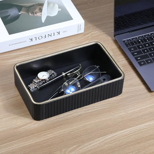 Desk Organizer Tray, PU Leather Nightstand Organizer Perfume Valet Tray for Men Women, Decorative Vanity Trays Trinket Dish Key Bowl for Entryway Table (Black, Small) - color: Black, size: 9.5" x 6" x 2.2"