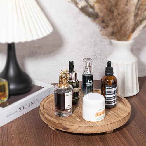 Round Decorative Tray Wood Bathroom Counter Organizer Farmhouse Kitchen Decor Wooden Riser for Soap Dish, Perfume, Candle, Sponge, 10" - Brown - color: Brown, size: 10"