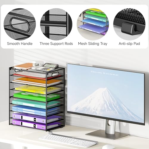 Cawukege 9 Tier Paper Organizer with Handle, Black Large Capacity Desk Organizer Mesh File Folder Letter Paper Tray Desktop Document Sorter for Classroom, School, and Office Accessories Organization - color: 1 Pack - Black