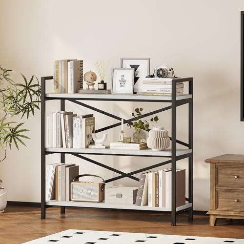 Homeiju 3 Tier Bookshelf 31.49" Width, Wood and Metal Etagere Bookcase, Vintage Farmhouse Modern Wooden Big Book Shelf for Home Living Room Bedroom Office Storage(White) - color: White, size: 3 Tier - 31.5" W