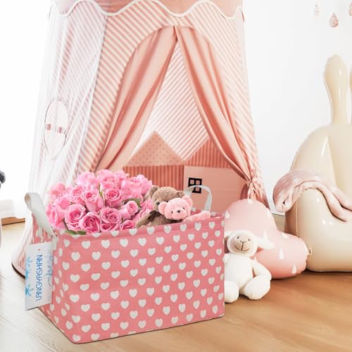 LANGYASHAN Rectangular Storage Bin Collapse Canvas Fabric Cartoon Storage Basket with Handles for Organizing Home Kitchen Boys and Girls Toys Office Closet Shelf Baskets (Rec pink heart) - color: A REC pink heart