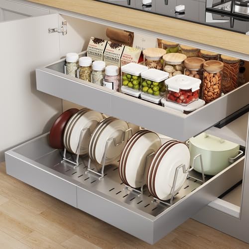 Seinloes 2 Pack Pull out Cabinet Organizer 21"Deep With Raising Pad for Framed Cabinets, Expandable Slide out Drawers for Kitchen Cabinets with 4pcs Divider Racks,Roll out Shelves 12.1"-20.4" W Silver - color: Silver, size: 12.1"-20.4"W x 21"D(2Pack)