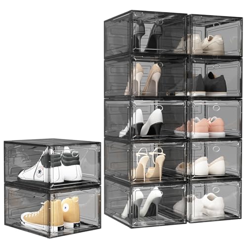 ARSTPEOE Upgrade Harder Solid Plastic Shoe Organizer with Magnetic Front Door, 12 Pack Shoe Boxes Clear Stackable, Sneaker Storage for Closet, Shoe Display Case, Black - color: Black, size: 12 Pack
