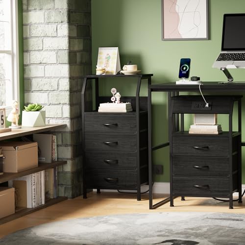 Furnulem Night Stand with Charging Station, 4 Drawer Dresser with Storage Shelf, 33.3 Inch Tall Side Table, Fabric End Table for Closet, Entryway, Bedside Furniture, 3 Ways to Use, Black Oak - color: Black Oak, size: 4 Drawer
