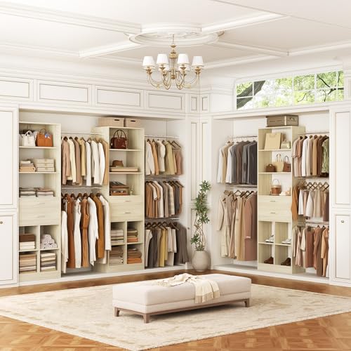 Besiost Closet System, 4-8 FT Closet Organizer Tower with 2 Wooden Drawers and Shelves, Can Fit 60 to 96 inch Walk-in Closet System with 5 Hang Rods, Built-in, Greige Oak - color: Greige Oak