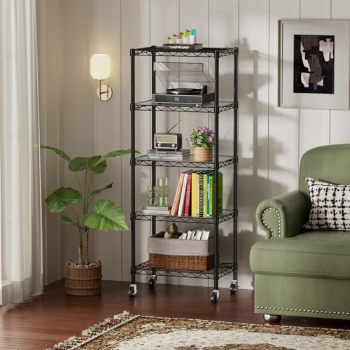 SINGAYE 5 Small Shelf Storage Wire Shelves Closet Bathroom Organizers Metal Pantry Kitchen Garage Shelving Unit Laundry Room Organization Home Narrow Rack Net Basket with Wheels Black - color: Black, size: 5Tier/11.5"D X 17.5"W X 57"H