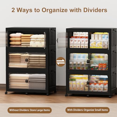 SAILUN 145Gal/579Qt Stackable Storage Bins Folding Collapsible Storage Bins with Lid, Closet Organizers and Storage Box with Door Black 33.5" W x 19" D x 53" H - color: Black, size: 1 Lid 3 Pack-33.5" W x 19" D x 53" H