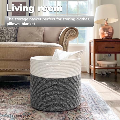 Goodpick Large Cotton Rope Basket, Blanket Basket Living Room 15.8"x15.8"x13.8" Baby Toy Storage, Woven Storage, Gray - color: White & Grey, size: 15.8x15.8x13.8 Inch (Pack of 1)