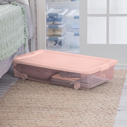 Sterilite 8 Pack Wheeled Under Bed Storage Container, 56 Qt Plastic Bin w/Latching Lid for Organization - Clothes & Shoes Organizer, Pearl Blush Tint - color: Pink, size: 8 Pack