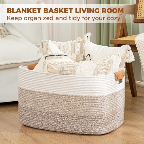 danpinera 108L Large Blanket Basket for Living Room, Woven Storage Basket with Leather Handles, Cotton Rope Storage Organization in Nursery for Toys & Clothes 25 ''* 16 ''*16 '', Gradient Brown - color: Gradient Brown, size: 108L
