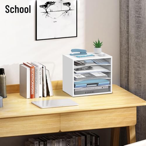 5-Tier Wood Desk Organizer, Paper Tray Organizer for Desk with Adjustable Storage Shelves, Desktop File Organization Paper Sorter Mail Holder for Office Home Classroom, White - color: White, size: 5 Tier