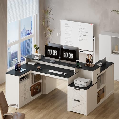 TVU Farmhouse L Shaped Desk with Drawers, 62.2" Home Office Desk with Storage Shelves and Power Outlet, L Shaped Computer Desk with Monitor Stand and Printer Shelf, Black and White - color: Black and White