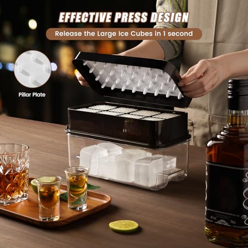 PHINOX Large Ice Cube Tray with Lid and Bin, Ice Trays for Freezer, 2 INCH Whiskey Ice Cubes Mold, 2*8 pcs Square Ice Cube Mold with Tong, Easy to Release, Large Ice Tray for Whiskey Cocktail Bourbon - color: Black, size: 2.0"-2tier