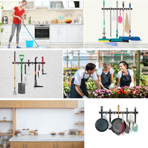 Huryfox Mop and Broom Holder Wall Mounted - Sturdy Stainless Steel Rack with Utility Hooks, 5 Racks, 4 Hooks Adjustable Design and Multiple Storage Organiser Options, Perfect for Kitchen - size: 5 Racks and 4 Hooks