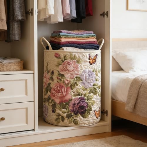 Quilted Laundry Basket with Handles, Boho Floral Fabric Storage Hamper, Large Soft Quilted Laundry Basket for Nursery, Bedroom, Laundry Room,Clothes & Toys (A, S) - color: A, size: S