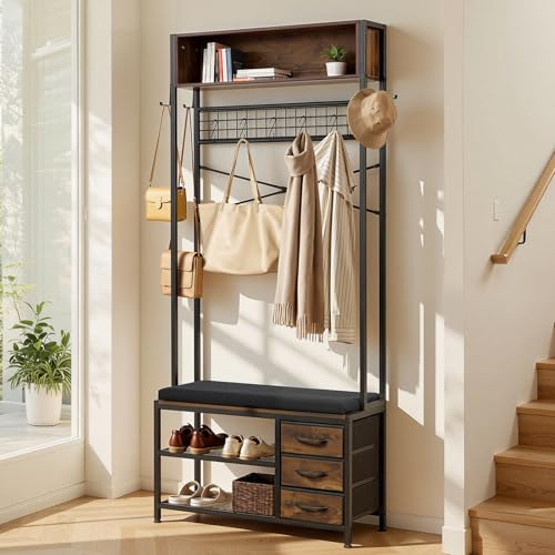 VEVOR Hall Tree with Bench and Shoe Storage, Entryway Bench with Coat Rack, 3 Drawers, 3 Storage Cubbies, 7 Hooks with Soft Cushion for Entryway, Hallway - size: 70.9" * 31.5"