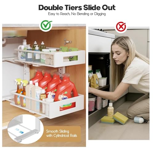 Under Sink Organizer, 2-Tier Dual Pull Out Cabinet Organizer Drawers With Smooth Circular Rail, Large Capacity Metal Mesh Sliding Shelves For Bathroom& Kitchen Storage,Height Adjustable–White,2 Packs - color: White, size: 2 Pack-15.9"Dx11.6"-16.7" H