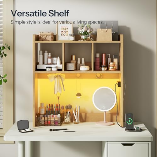 HOOBRO Desktop Bookshelf, Office Desktop Shelf, Desk Hutch with Outlets, Wooden Office Desktop Bookcase, Desktop Organizer Shelf with LED Light Strip and 3 Hooks, for Home, Study, Natural NL12UDSJ01 - color: Natural