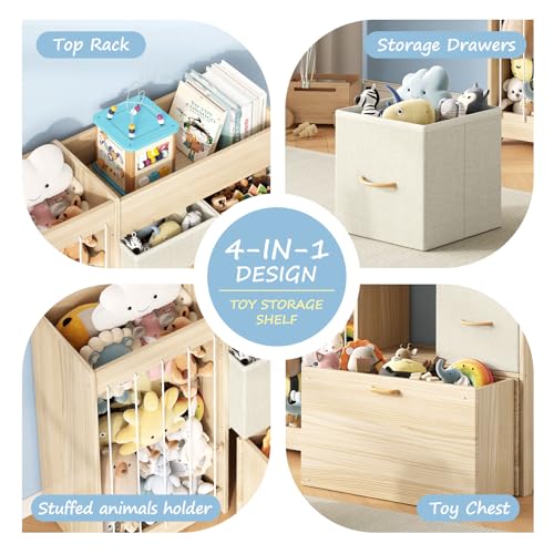 Toy Organizer and Stuffed Animals Storage, All-in-One Toy Shelf with Stuffed Animal Holder, 2 Drawers, Movable Toy Chest & Top Shelf, Solid Wood Bedroom Toy Storage Organizer - style: Burlywood+stuffed Animal Shelf
