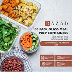 Razab 30 PC Glass Food Storage Containers with Lids - Reusable Glass Meal Prep Containers for Lunch and Leftovers - Airtight & Leakproof Snap Locking Lids - Oven, Freezer, Microwave, Dishwasher Safe - color: Blue
