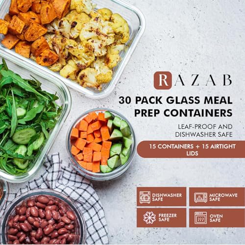 Razab 30 PC Glass Food Storage Containers with Lids - Reusable Glass Meal Prep Containers for Lunch and Leftovers - Airtight & Leakproof Snap Locking Lids - Oven, Freezer, Microwave, Dishwasher Safe - color: Blue