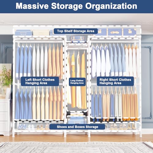 Ulif E12C Pro Heavy Duty Closet Organizer System，Freestanding Clothing Racks for Hanging Clothes，Adjustable Garment Rack 71"W x 16"D x 76.5"H Hold 960lbs，White Clothing Rack with White Dustproof Cover - color: White Rack With White Cover, size: E12C Pro