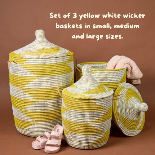 Yellow White Baskets with Lids, Living Room Blankets Storage, Laundry Hamper, Nursery Toys Bin, Decorative, Wicker, Sturdy, Round, Handles, Hooded Lid, Woven (Large) - size: Large