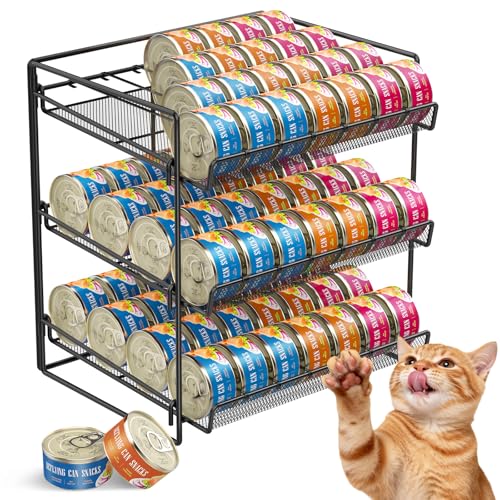Cat Food Can Organizer, Can Organizer for Pantry, 3-Tier Metal Cat Food Storage Container Holds 84 (3.5oz) Cans，Adjustable Canned Food Organizer and Storage for Counter Kitchen Cabinet (Black, 3 Tier) - size: 3 Tier