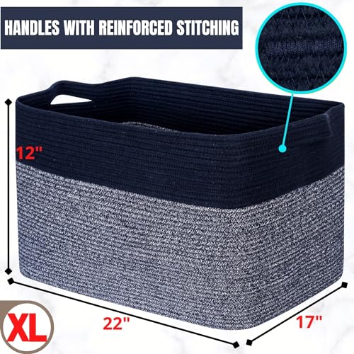 MINTWOOD Design 22in Extra Large Blanket Basket Holder for Living Room, Rectangle Rope Woven Storage Bin with Handles for Laundry, Pool Towels, and Shoes, Dog Toy Box Organizer, Navy Blue - color: Navy Blue