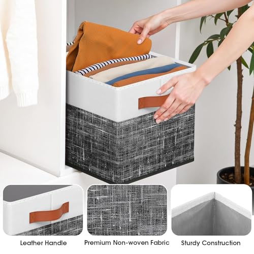 Fab totes Collapsible Storage Baskets for Shelves,14"x10", 6 Pack Foldable Fabric Storage Bins with Double Leather Handles, Large Baskets for Organizing Books, Clothes, White & Black - color: Black, size: 6pack