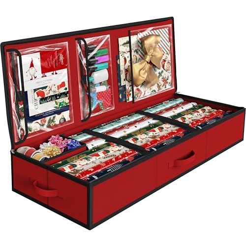 Simple Houseware 41.5" Wrapping Paper Storage Organizer - Fits 40 Rolls with Adjustable Straps, Interior Divider for Ribbons & Bows, 3 Clear Pockets for Gift Bags & Tools, 41.5''L x 16''W, Red - color: Red